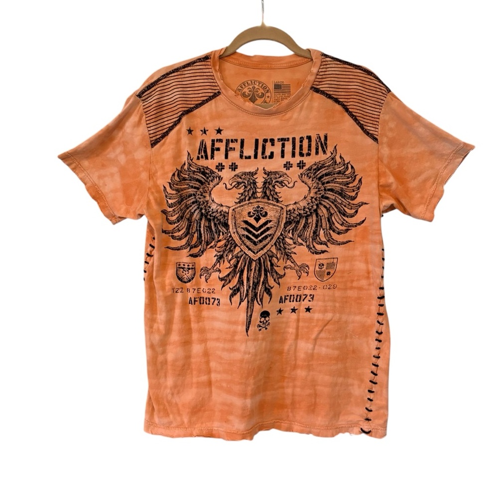 Affliction Value T-Shirt Bright Orange Camo Wash Flocked Graphic, Sz L - Picture 3 of 15